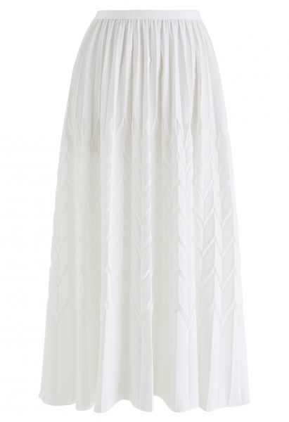 Zigzag Embossed Pleated Midi Skirt in White