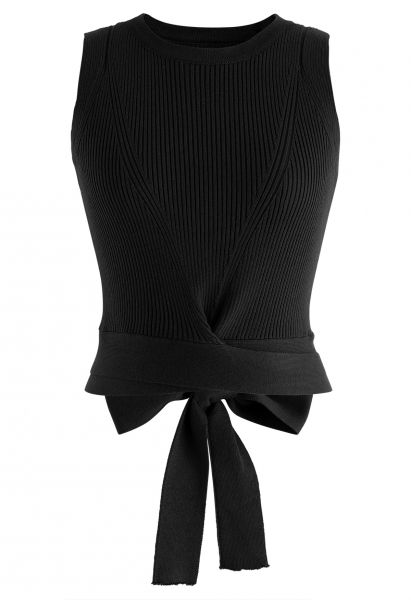 Tie Waist Knit Tank Top in Black