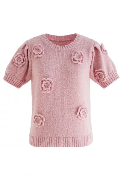 Crochet Flowers Trim Knit Top in Pink