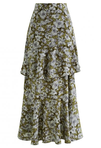 Floral Oil Painting Ruffle Maxi Skirt in Green
