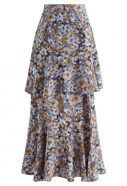 Floral Oil Painting Ruffle Maxi Skirt in Blue