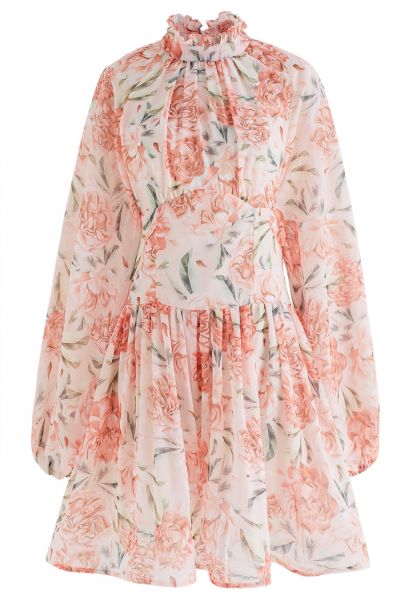 Cutout Back Floral Bubble Sleeve Frilling Dress in Blush