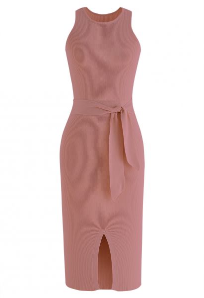 Front Slit Tie Waist Sleeveless Knit Dress in Pink