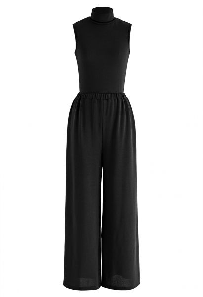 High Neck Sleeveless Top and Pants Set in Black