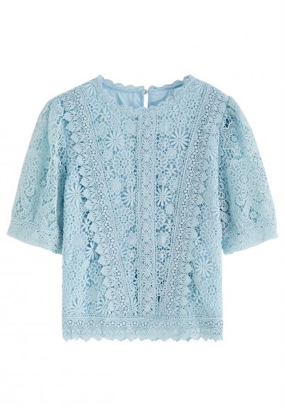 Scalloped Edge Floral Cutwork Top in Blue