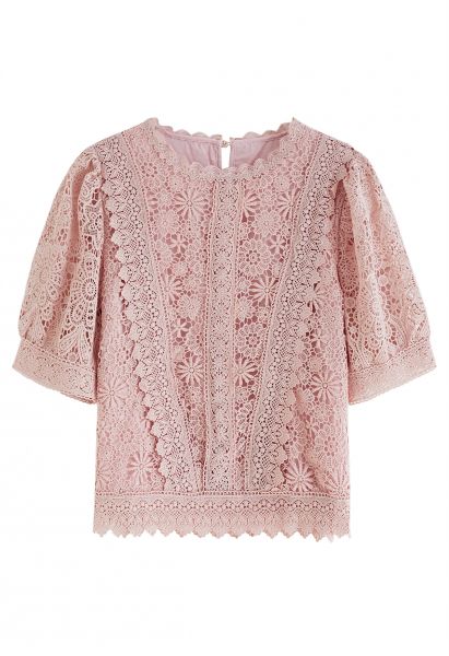Scalloped Edge Floral Cutwork Top in Pink