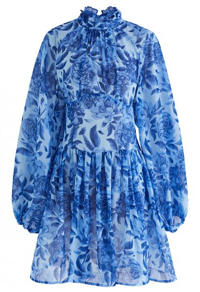 Cutout Back Floral Bubble Sleeve Frilling Dress in Blue