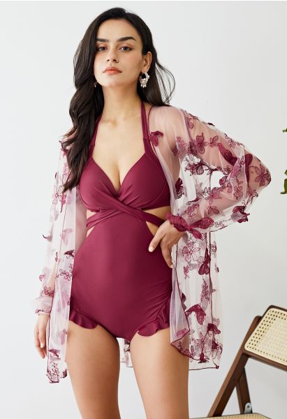 Halter Tied Ruffle Swimsuit with Mesh Kimono in Wine