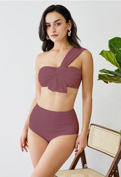 Sweet Knot One-Shoulder Bikini Set in Rust Red