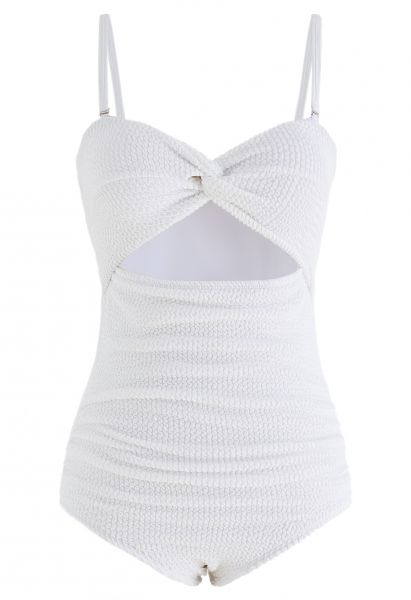 Twisted Cutout Wavy Textured Swimsuit in White
