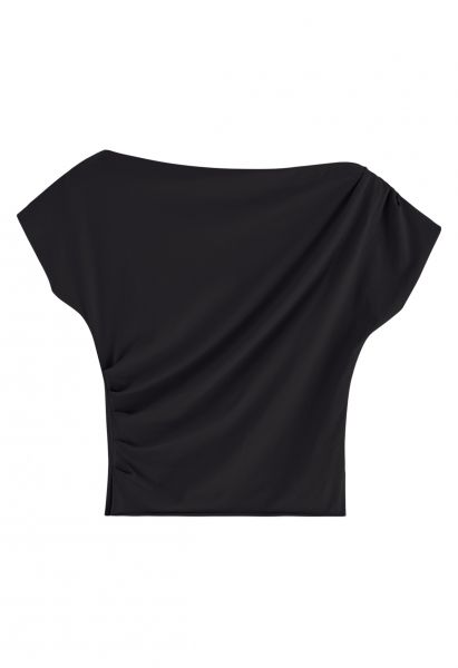 Asymmetric Boat Neck Ruched Top in Black