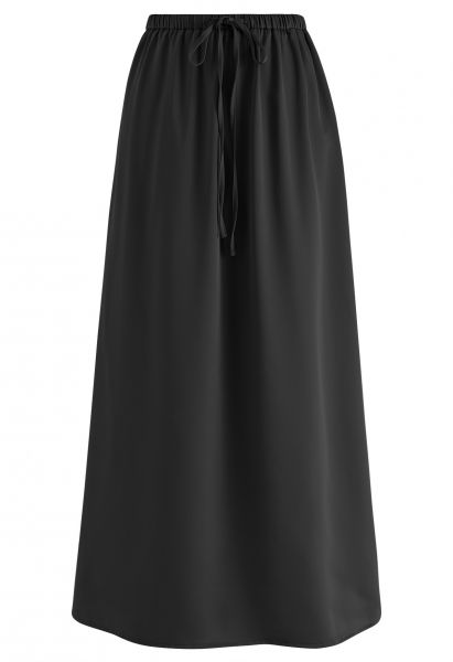 Elastic Drawstring Waist Satin Maxi Skirt in Black