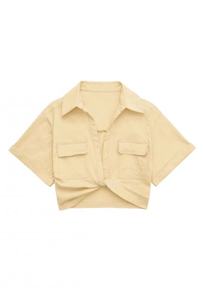 Front Tie Flap Pocket Crop Shirt in Light Yellow