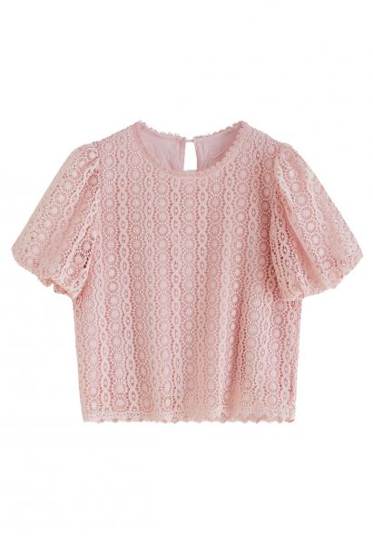 Full Crochet Bubble Short Sleeves Top in Pink