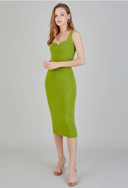 Notch Neckline Bodycon Knit Dress in Lime