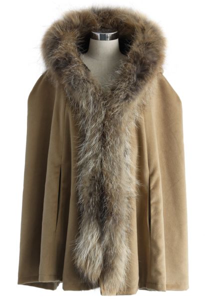 Luxury Khaki Faux Fur Hooded Cape