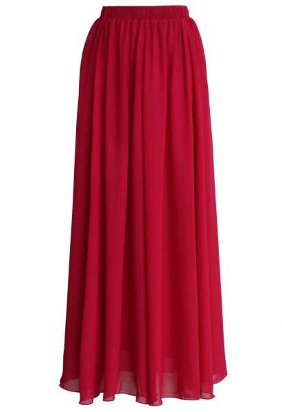 Wine Red Pleated Maxi Skirt