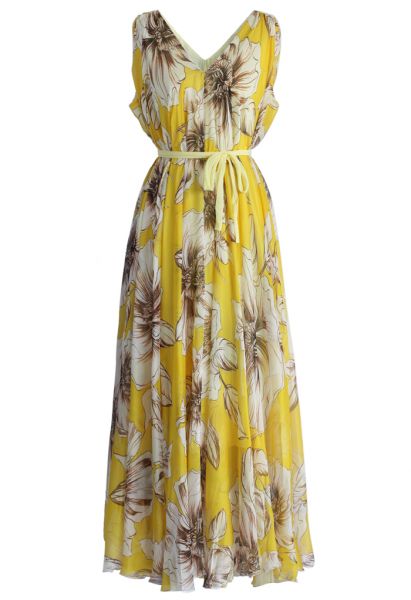 Marvelous Floral Chiffon Maxi Dress in Yellow 