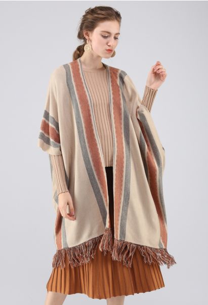 Stylish Folk Stripe Tassel Knitted Cape in Tan