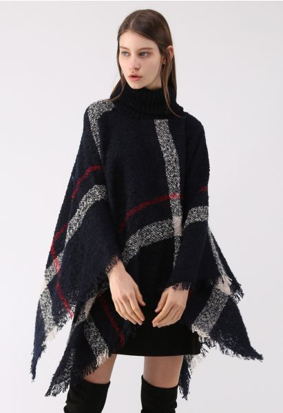 Unstoppably Charming Stripe Shaggy Knit Cape in Navy