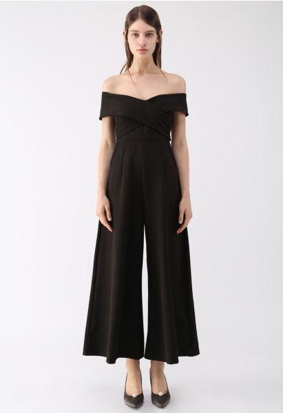 Eternal Sweet Cross Breast Off-Shoulder Jumpsuit in Black 