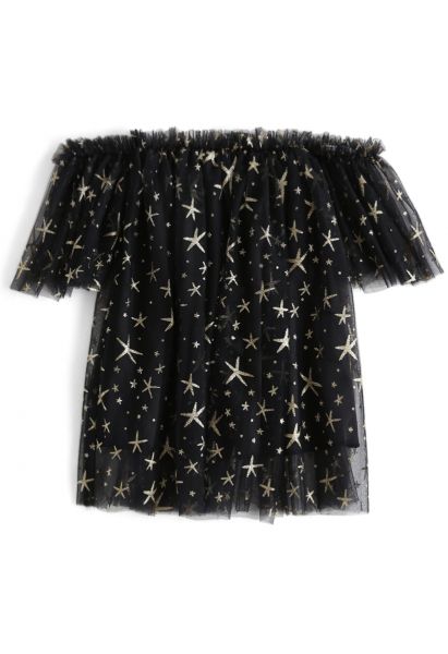 Stars Shining Out Mesh Off-Shoulder Tunic in Black For Kids