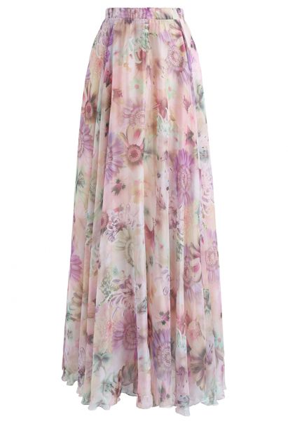 Sunflower Blossom Watercolor Chiffon Maxi Skirt in Pink