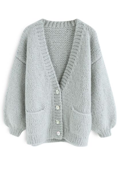 Pause for the Cozy Chunky Hand Knit Cardigan in Mint