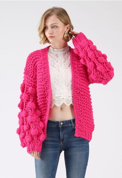 Cuteness on Sleeves Chunky Cardigan in Hot Pink