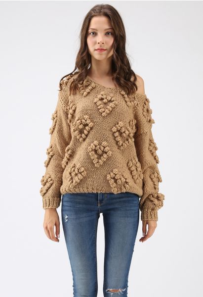 Knit Your Love V-Neck Sweater in Tan