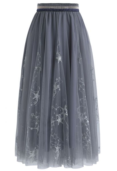 Dazzling Stars Tulle Midi Skirt in Grey