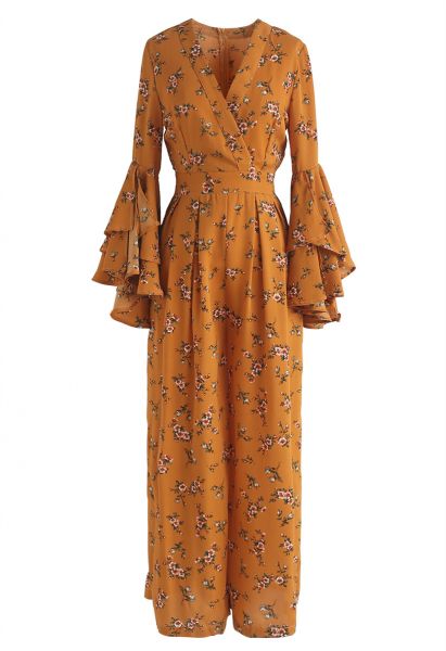 Azalea Blossom Jumpsuit with Tiered Bell Sleeves in Mustard