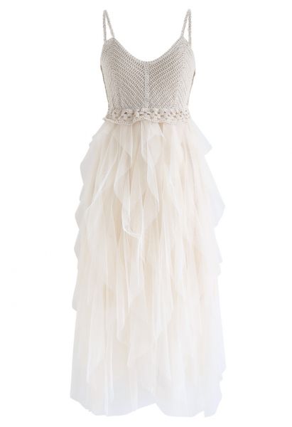 Knit Ruffled Mesh Cami Dress in Cream