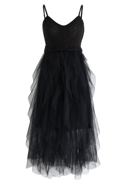 Knit Ruffled Mesh Cami Dress in Black