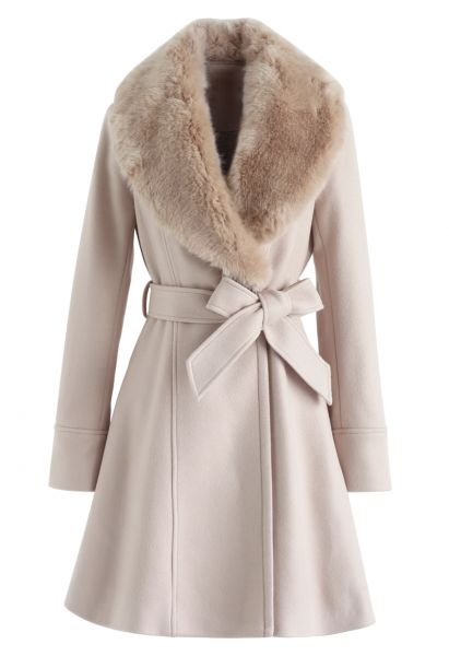 Faux Fur Collar Belted Flare Coat in Nude Pink