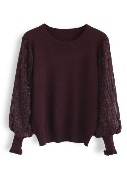 Shiny Lines Puff Sleeves Knit Top in Wine