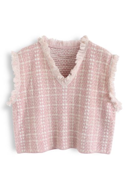 Basic Texture Raw Edge Knit Vest in Pink