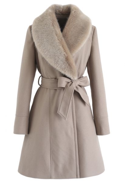 Faux Fur Collar Belted Flare Coat in Taupe