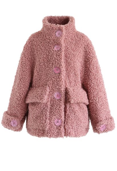 Buttoned Pocket Teddy Coat in Mauve