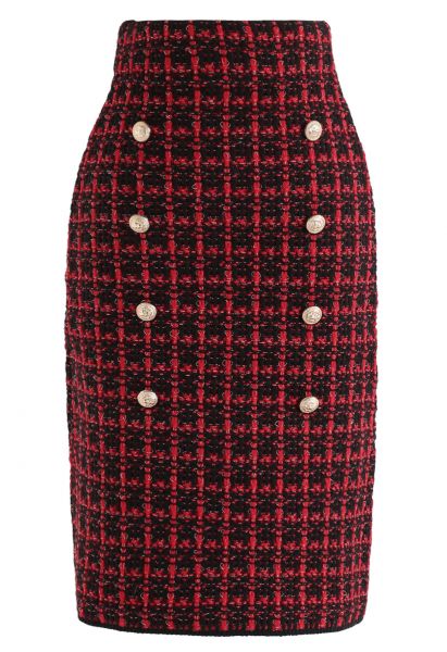 Buttons Decorated Grid Pencil Midi Skirt in Red
