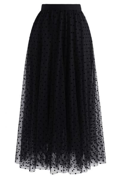 Full Polka Dots Double-Layered Mesh Tulle Skirt in Black