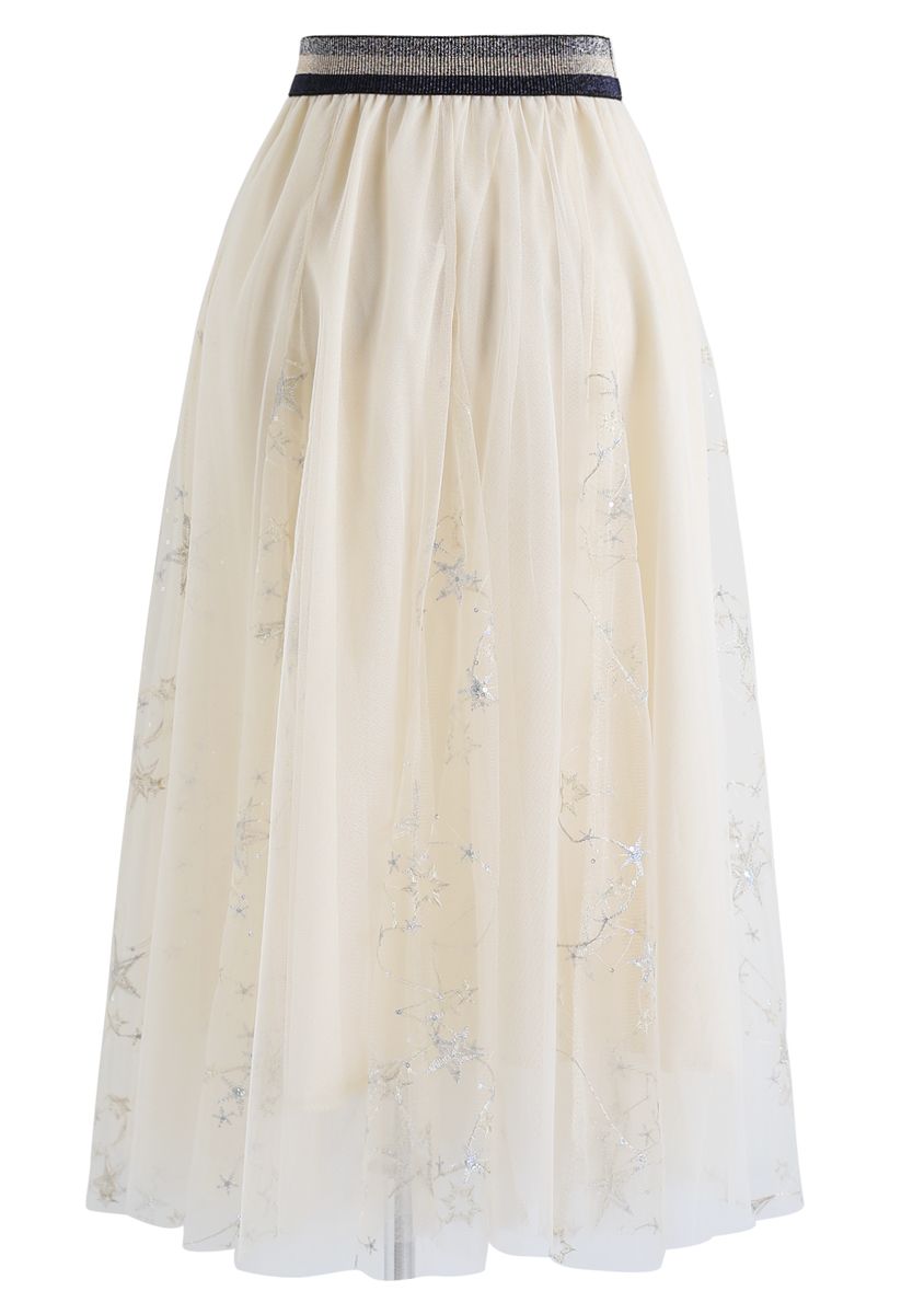 Sequined Embroidered Star Mesh Tulle Skirt in Cream