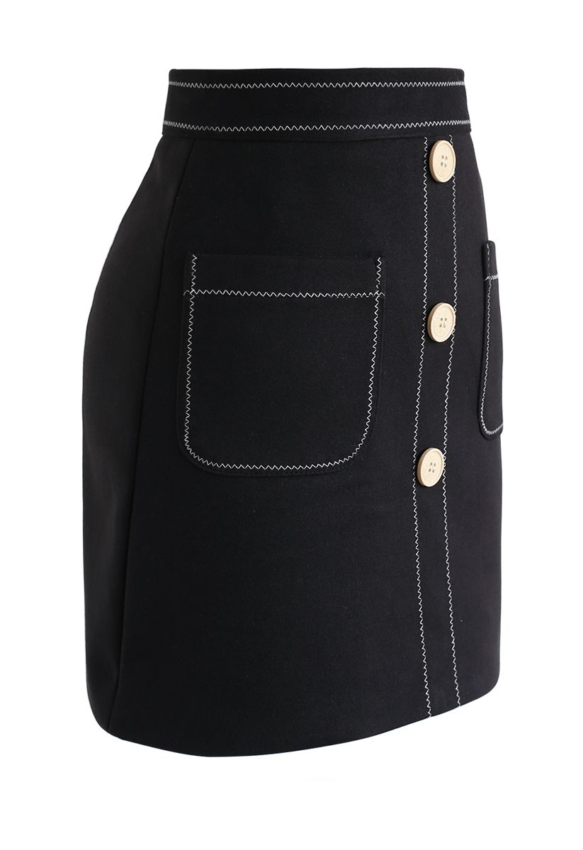 Contrasted Pockets Buttoned Mini Skirt in Black