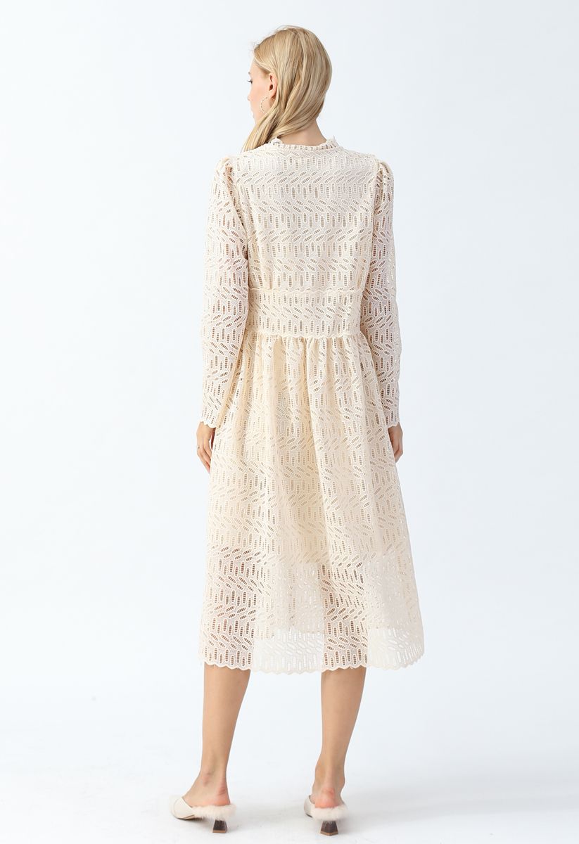 Full Crochet V-Neck Button Down Midi Dress in Cream