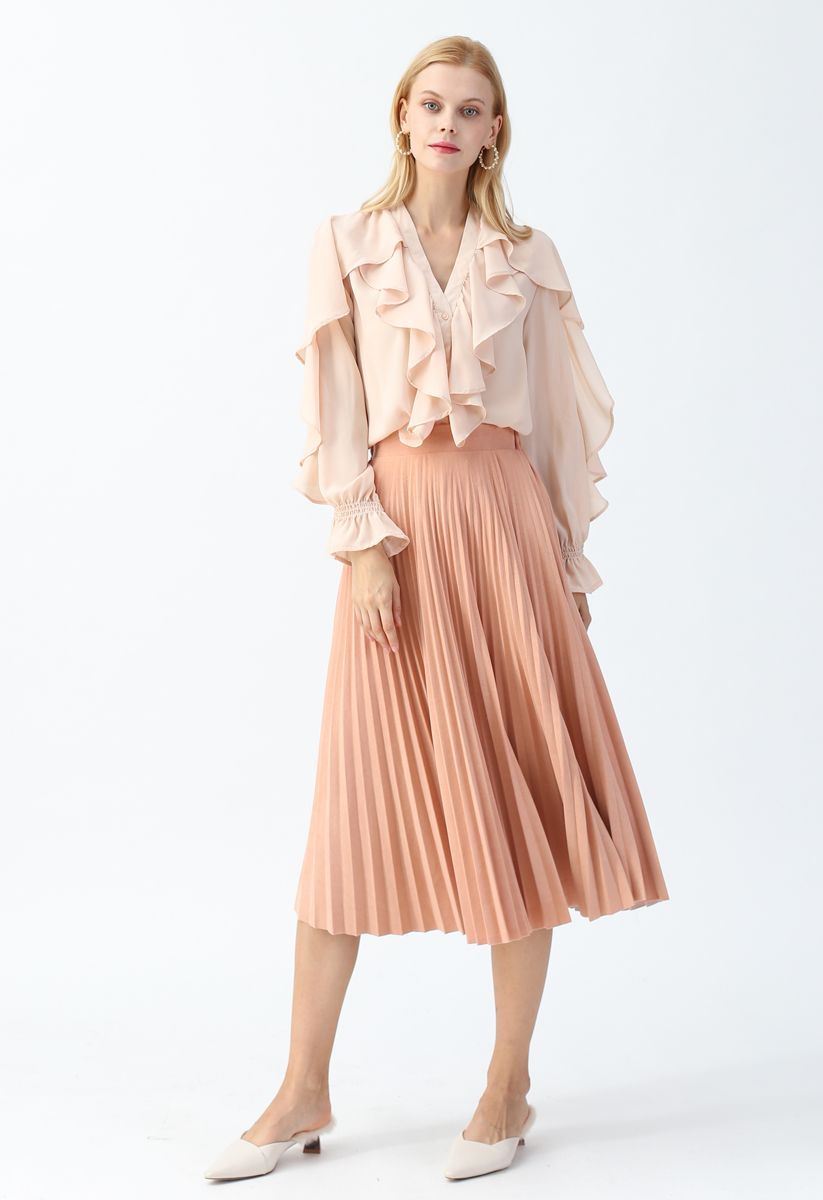Ruffle Button Down V-Neck Top in Nude Pink