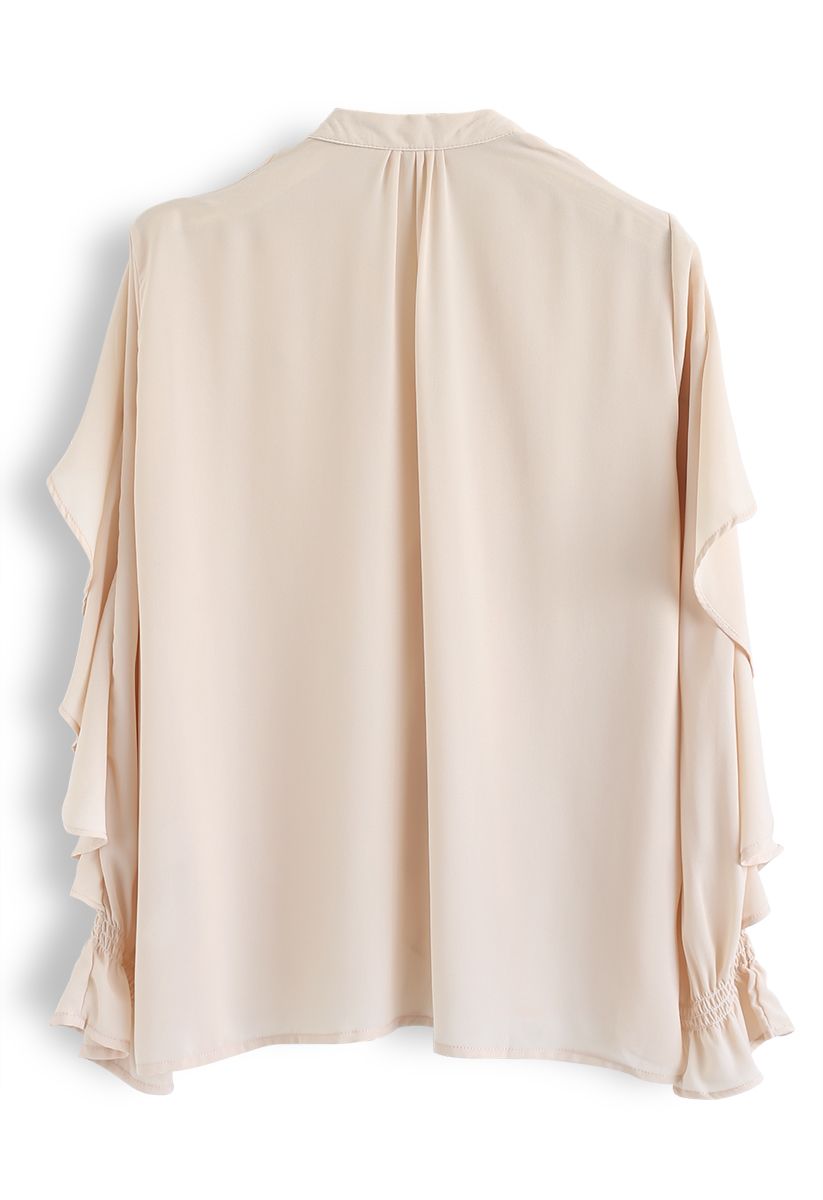 Ruffle Button Down V-Neck Top in Nude Pink