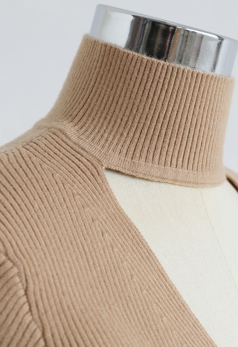V-Shape Cutout Ribbed Knit Midi Dress in Tan