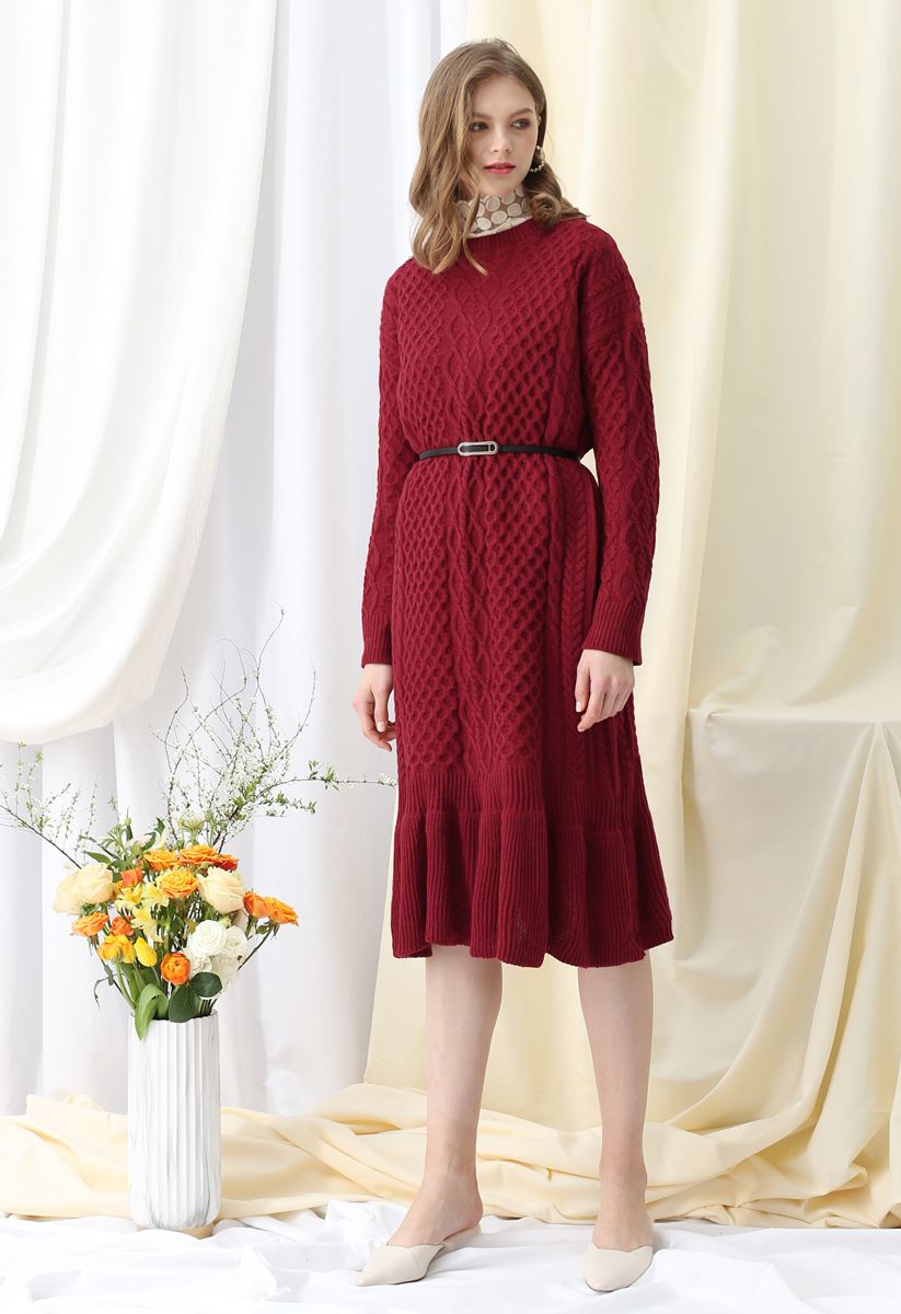 Braid Texture Belted Frill Hem Knit Dress in Red
