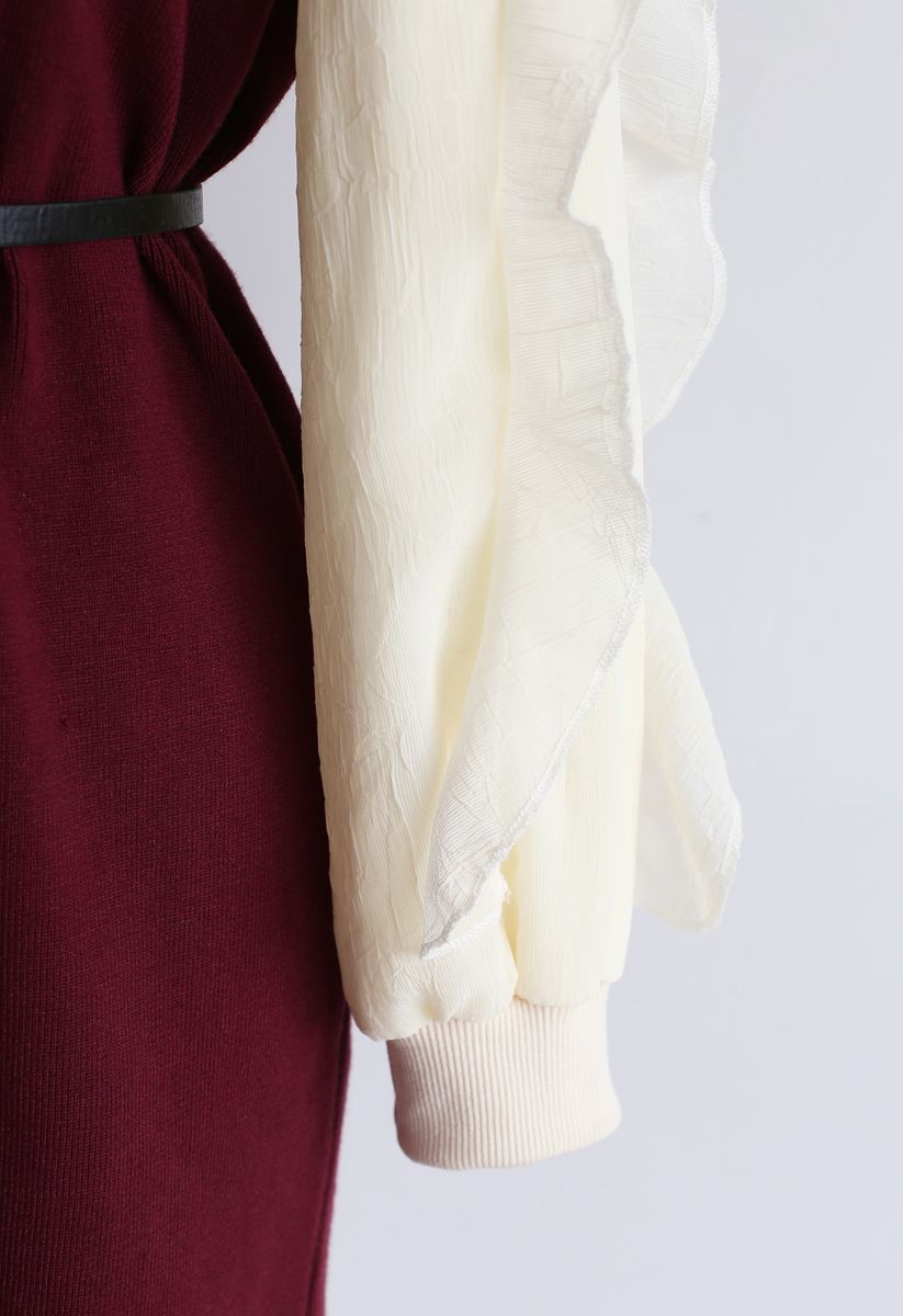 Belted Ruffle Sleeves Spliced Knit Shift Dress in Wine