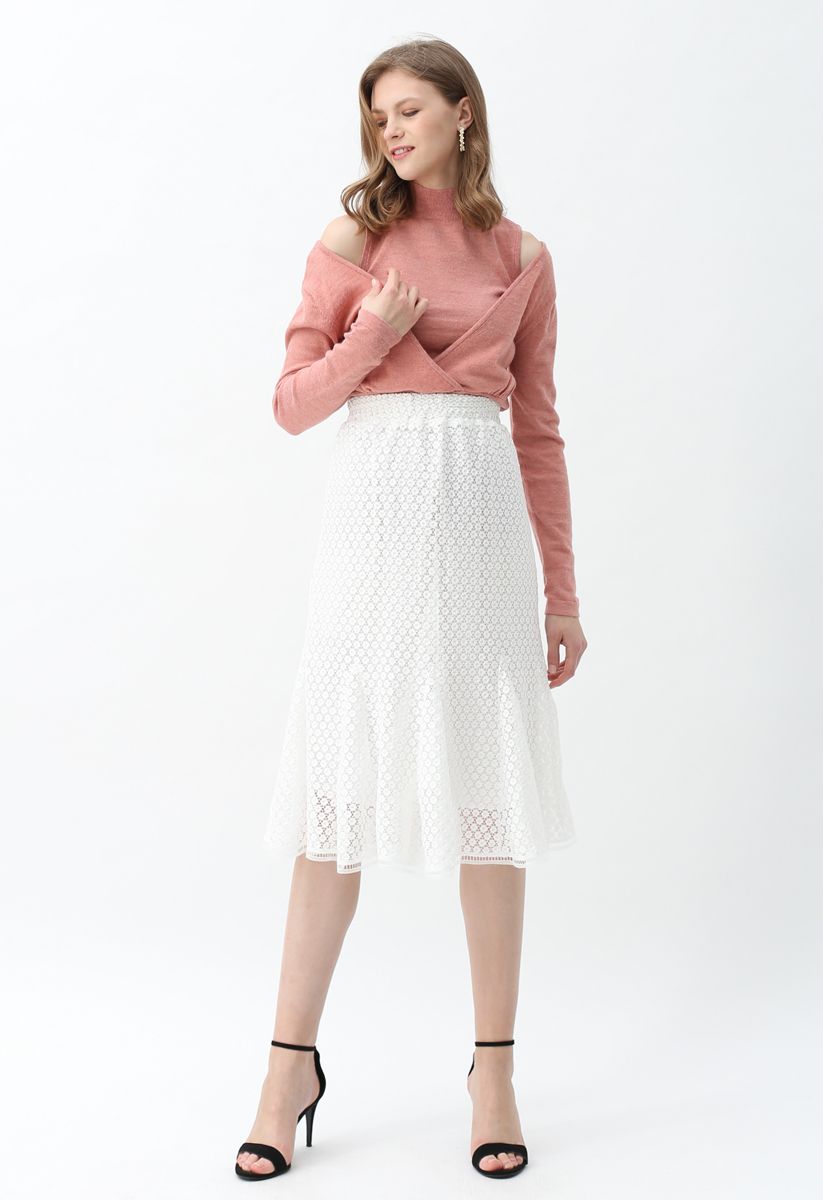 Floret Crochet Frill Hem Midi Skirt in White